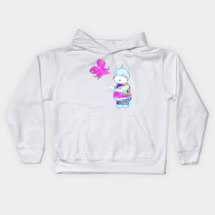 Cute hippie hippo looking at butterfly Kids Hoodie